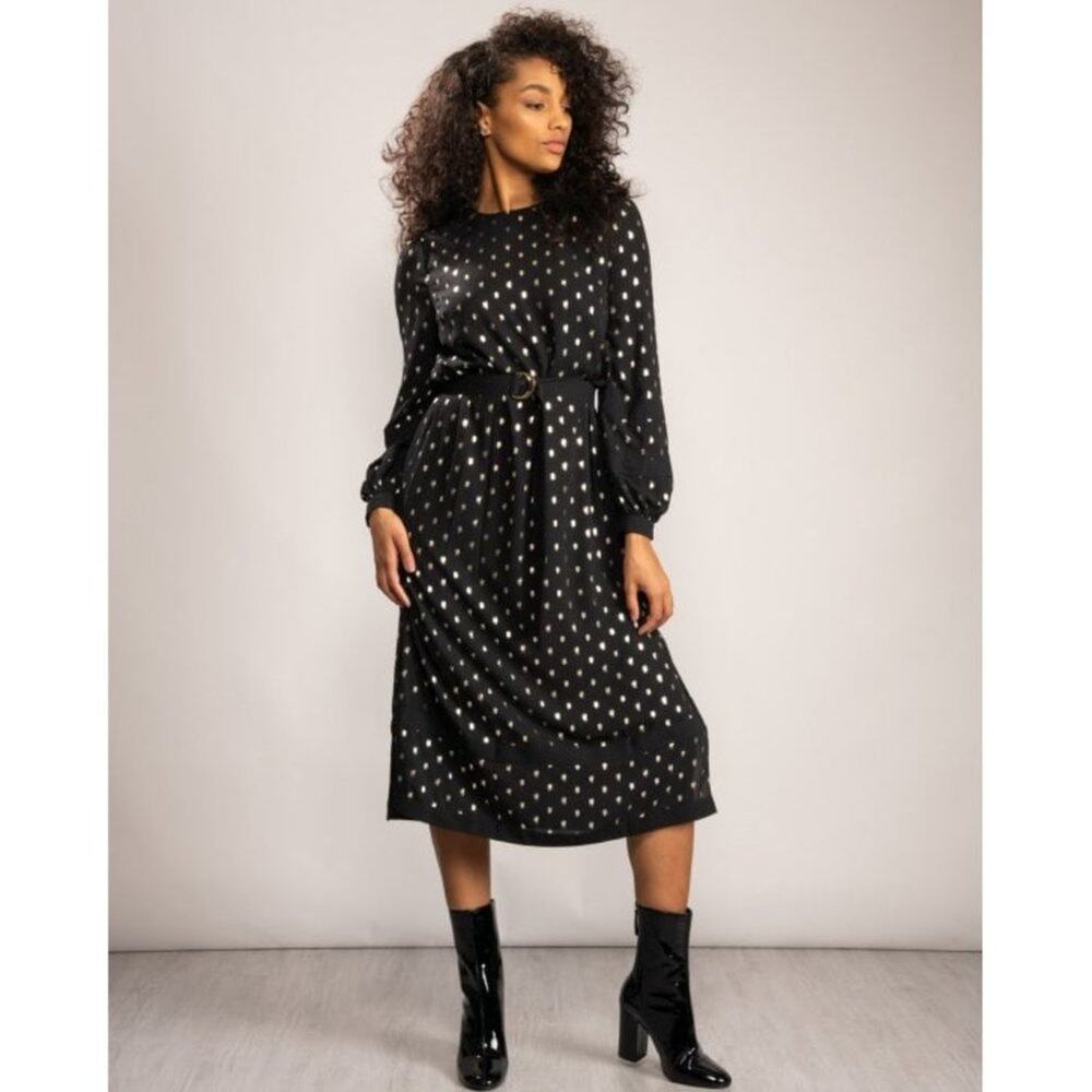 Ted Baker Haylow Metallic Spot Midi Dress Black Crew Neck Long Sleeve Size 4